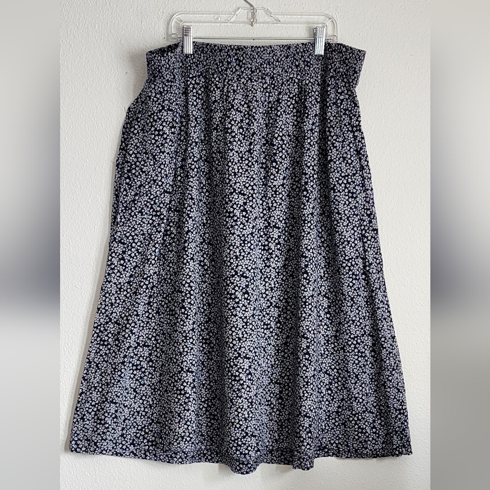 Croft & Borrow Women's Floral Print Pockets Elastic Waist Navy Midi Skirt Sz XL